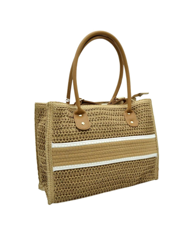 Middle Crochet Stripe Straw Shoulder Bag