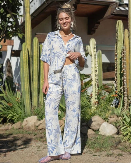 Elastic Waist Palm Tree Printed Drawstring Pants
