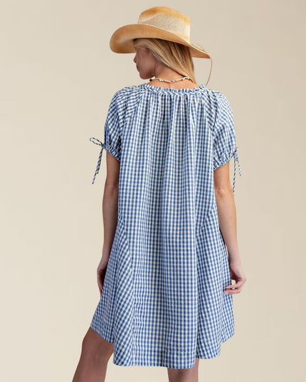 Gingham Seersucker Button Front Tie Short Sleeve Mini Dress