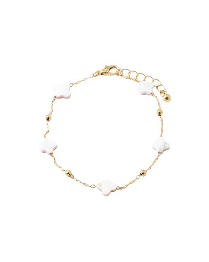 White Shell Clover Metal Ball Bead Station Chain Link Bracelet