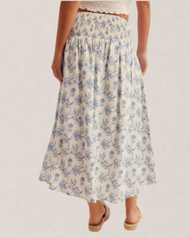 Floral Print Smocked Waist Midi Skirt