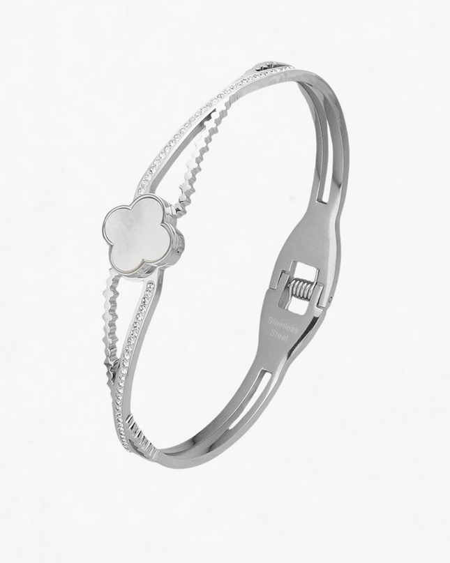 Mother Of Pearl Quatrefoil Clover Hinged Bangle Bracelet
