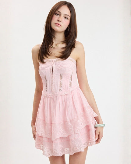 Solid Hook & Eyes Layered Floral Lace Mini Dress