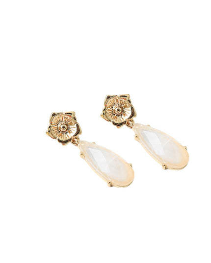 Gold Metal Flower Long Crystal Teardrop Earrings