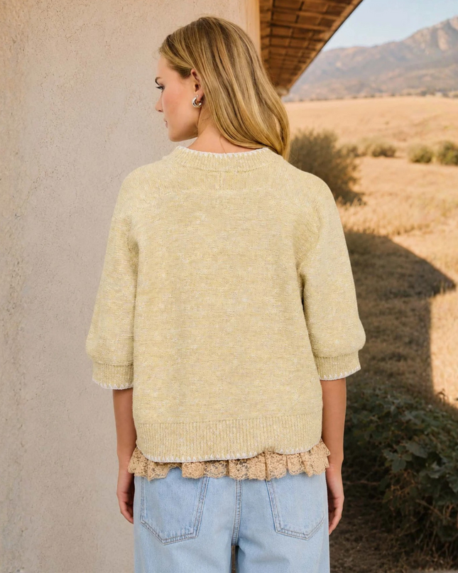 Heathered Contrast Trim Short Sleeve Sweater