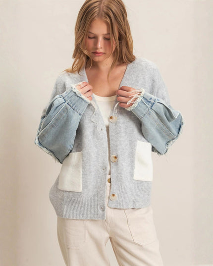 Denim Sleeves V Neck Cardigan Sweater