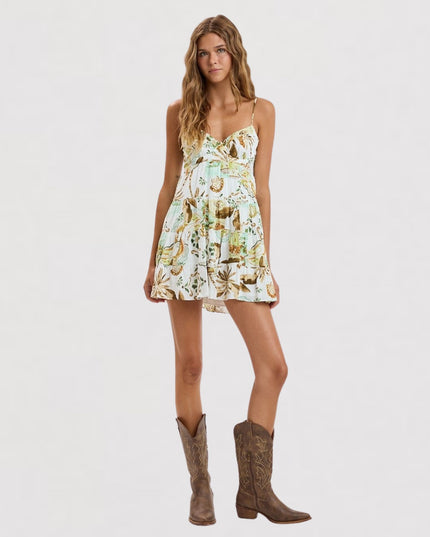 Vintage Seaside Print Open Back Tiered Spaghetti Strap Mini Dress
