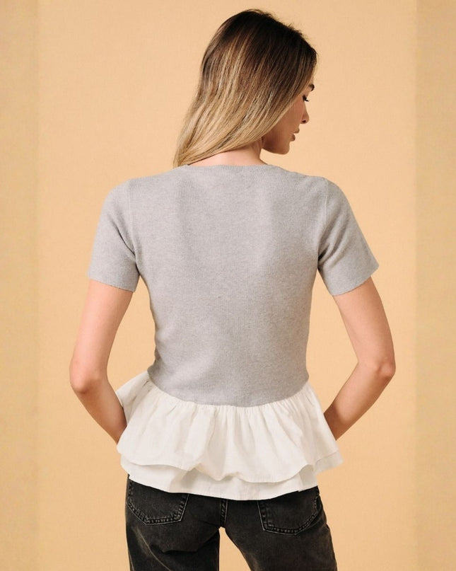 Contrast Ruffle Hem Round Neck Short Sleeve Knit Top