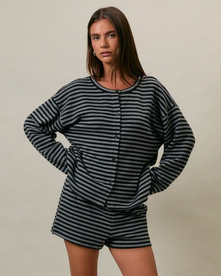 Long Sleeve Round Neck Striped Button Up Top