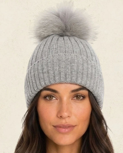 Oversized Pom Pom Ribbed Winter Beanie Hat