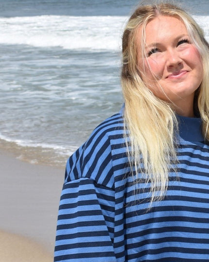 Striped Mock Neck Sunshine Daydream Sleeve Patch Logo Lightweight Terry Sweatshirt Navy