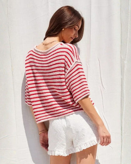 Striped 3/4 Sleeve Crew Neck Sweater