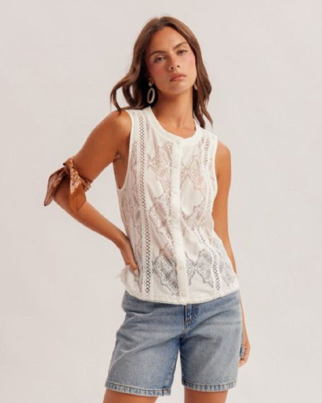 Lace Button Down Sleeveless Top