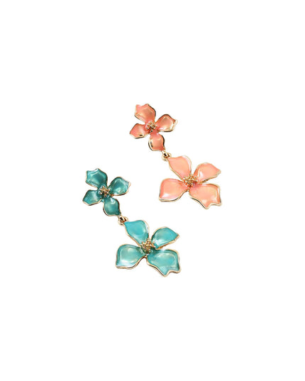 Enamel Double Flower Link Gold Metal Droplet Earrings