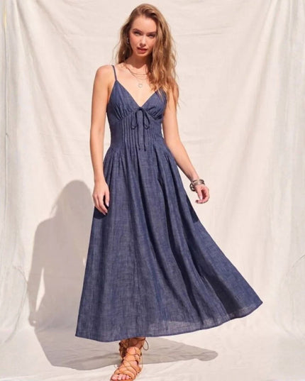 V Neck Cinch Waist Tie Front Spaghetti Straps Denim Maxi Dress