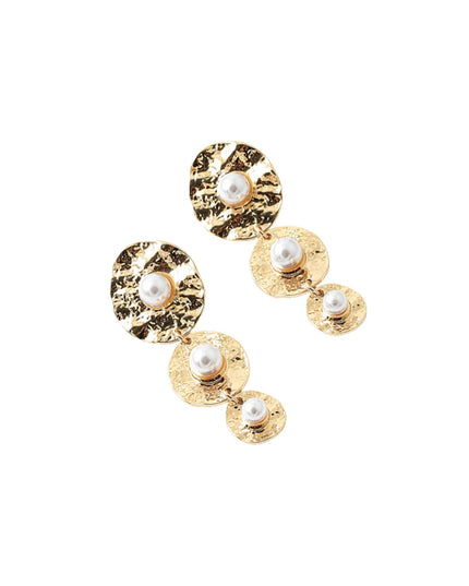 Pearl Center Triple Hammered Metal Disc Link Droplet Earrings