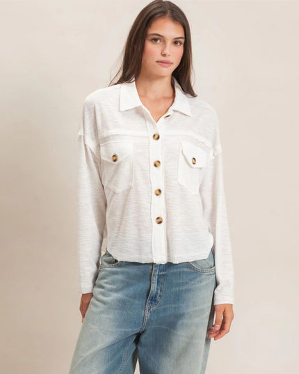 Patch Pockets Textured Button Up Collared Top