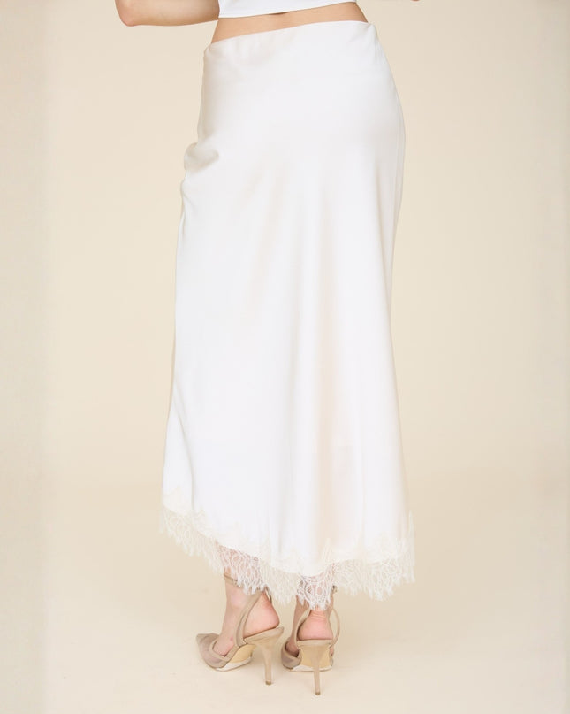 Lace Hem Satin Elastic Waist Pencil Midi Skirt