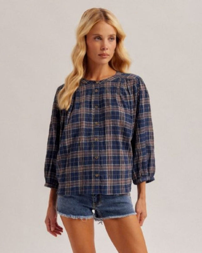 Plaid Button Down 3/4 Sleeve Top