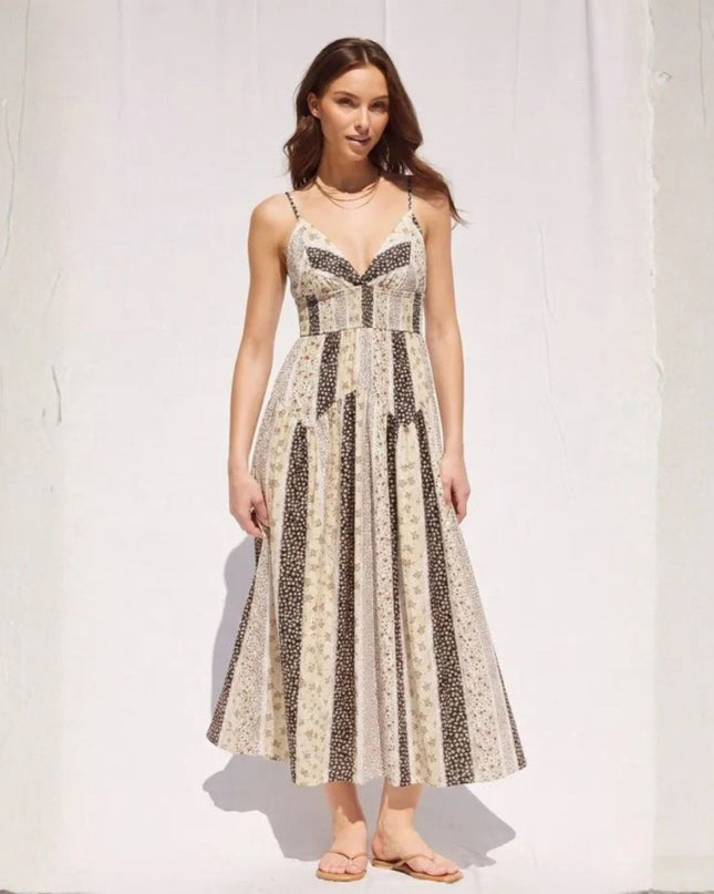 Floral Contrast Patchwork Spaghetti Strap Midi Dress