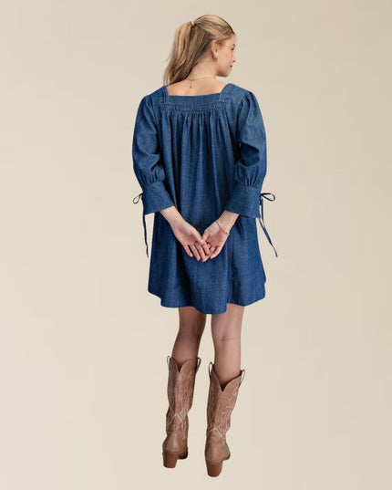 Square Neck 3/4 Tie Sleeve Side Pockets Denim Mini Dress