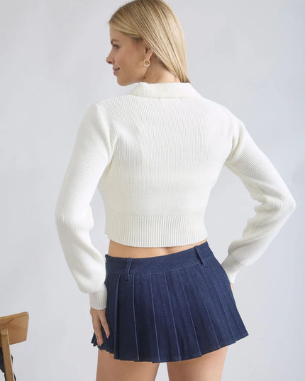 Collared Front Tie Cropped Cardigan Sweater
