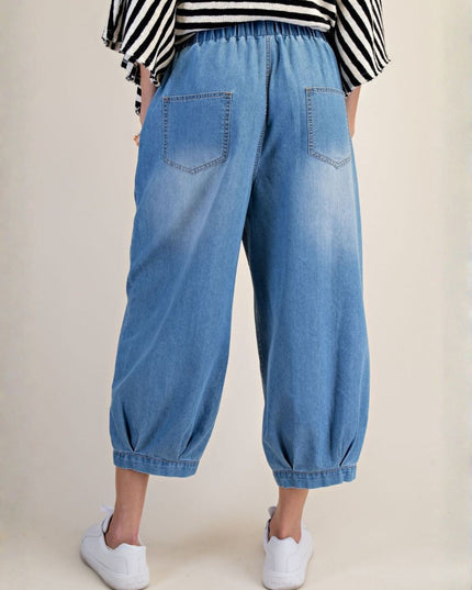 Elastic Waist Banded Bottom Washed Denim Pants