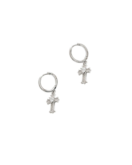 Center CZ Stone Pave Cross Charm Drop Mini Huggie Hoop Earrings