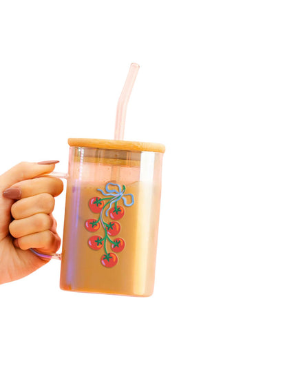 Off The Vine Square Glass Cup With Lid 20 oz