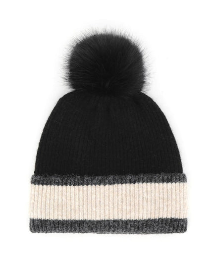 Ribbed Tri-Color Fleeced Faux Fur Pom Pom Winter Beanie Hat