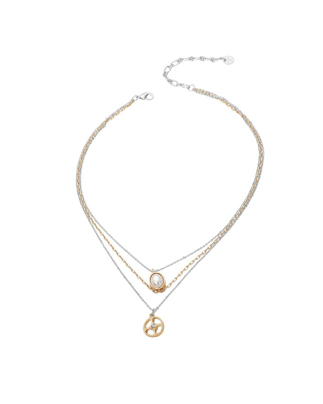 Oval Pearl Circle Cross Triple Layered Chain Necklace