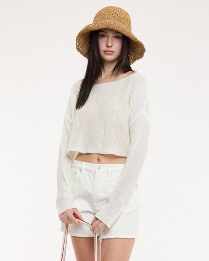 Open Knit Cropped Boat Neck Sweater