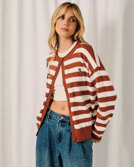 Embroidered Olive Striped Cardigan Sweater