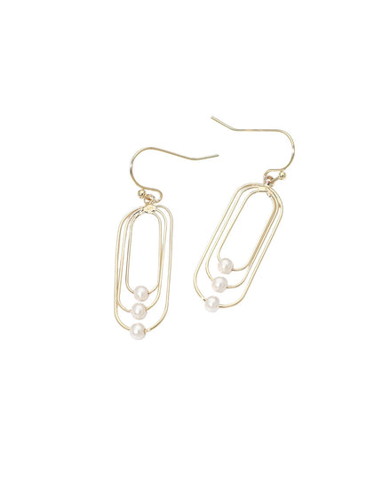 Pearl Accent Geometric Oval Triple Layered Drop Earrings
