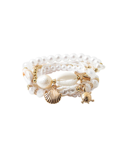 Pearl Puka Shell Gold Sea Turtle Sea Shell Starfish Charm 4 Bracelet Set