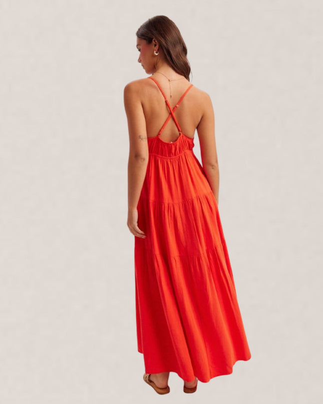 V Neck Front Button Detail Tiered Sleeveless Maxi Dress