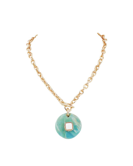 Stone Center Round Natural Stone Pendant Gold Chain Toggle Necklace