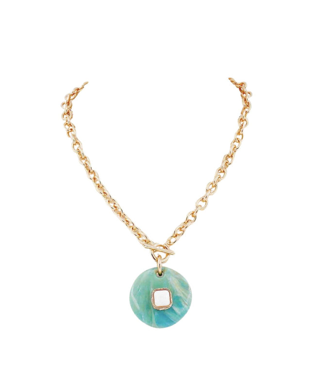 Stone Center Round Natural Stone Pendant Gold Chain Toggle Necklace