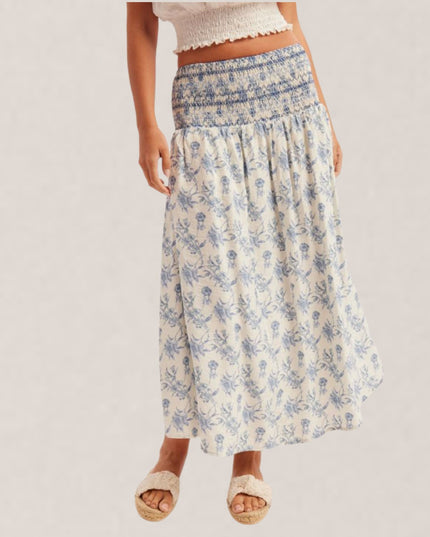 Floral Print Smocked Waist Midi Skirt