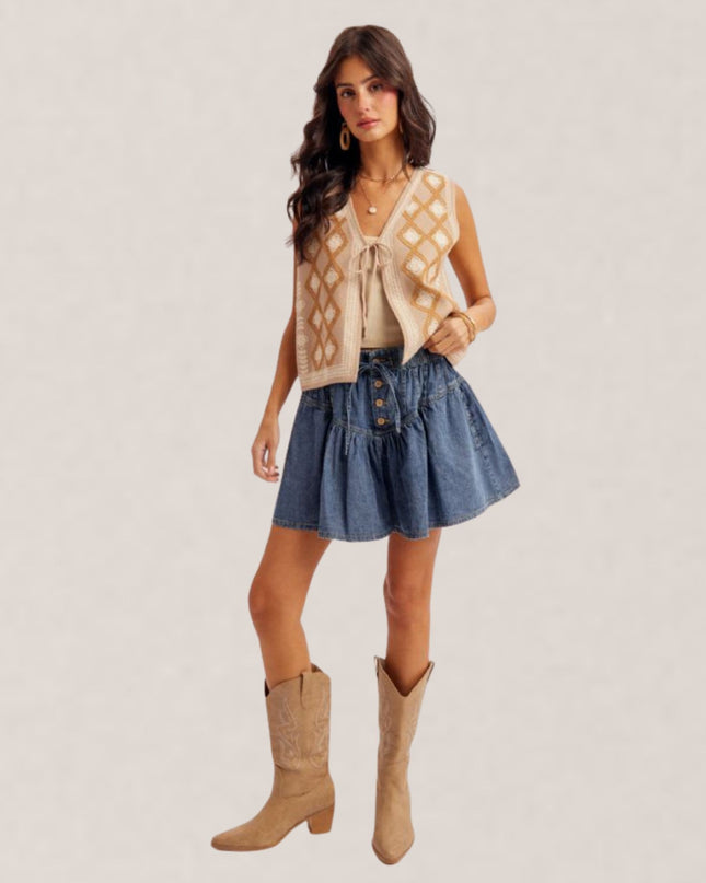 Pleated Yoke Elastic Tie Waist Denim Mini Skirt