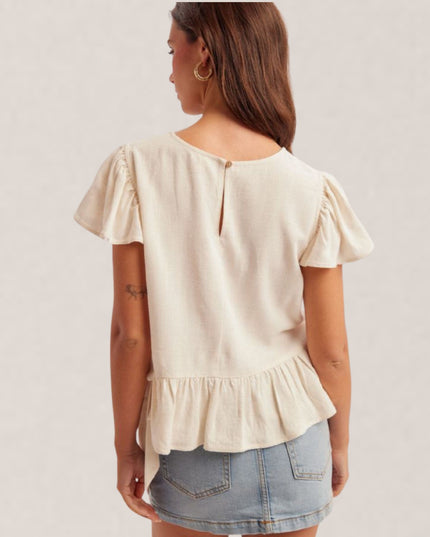Scoop Neck Flutter Short Sleeve Side Slit Ribbon Tie Detail Top