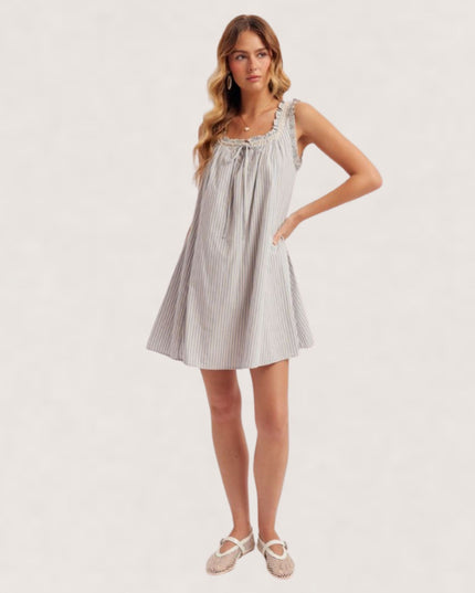 Lace Trim Ribbon Detail Striped Sleeveless Babydoll Mini Dress