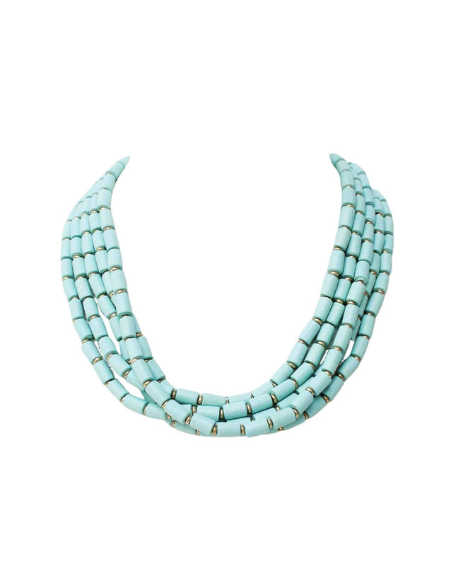 Rectangle Wood Bead Gold Metal Beaded 5 Layered Necklace