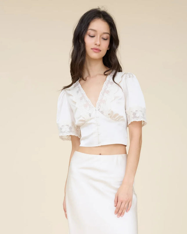 Satin V Neck Lace Trim Puff Short Sleeve Button Down Top