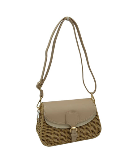 Belt Closure Leather & Structure Straw Crossbody Bag