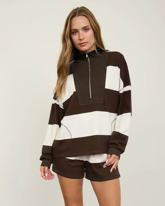 Half Zip Wide Stripe Long Sleeve Top