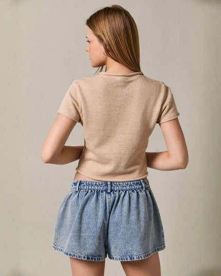 Cap Sleeve Round Neck Button Down Sweater