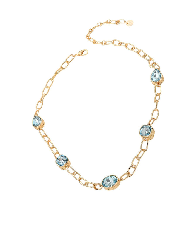 Oval Teardrop Square Stone Bezel Link Gold Metal Necklace