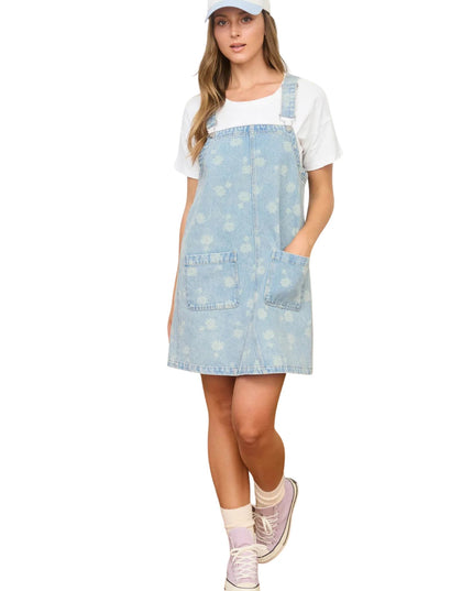 Dandelion Pattern Washed Denim Overall Mini Dress