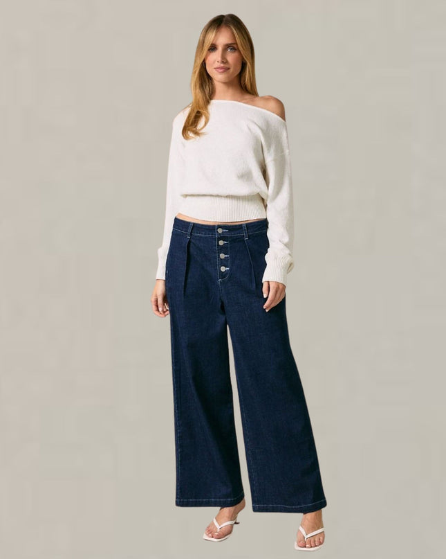 Button Front Pleated Indigo Denim Pants